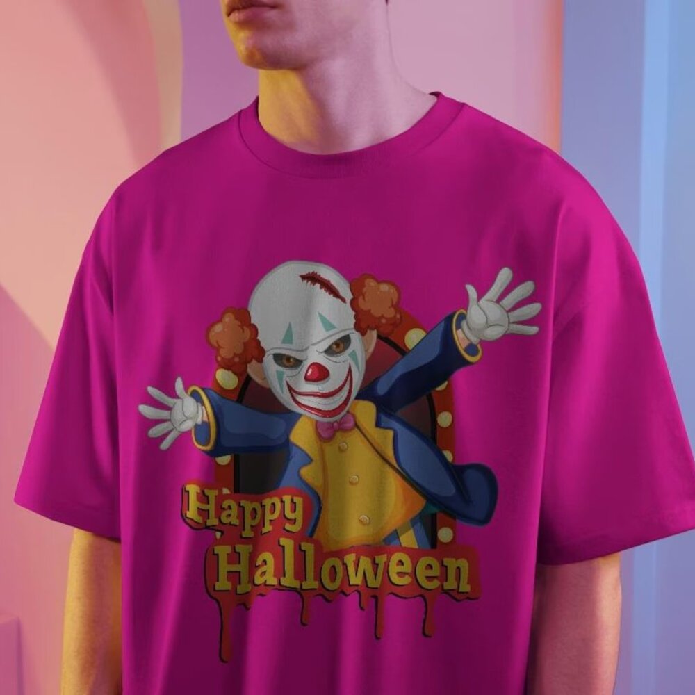 Gray T-shirt with Halloween Clown and "Happy Halloween" Text
